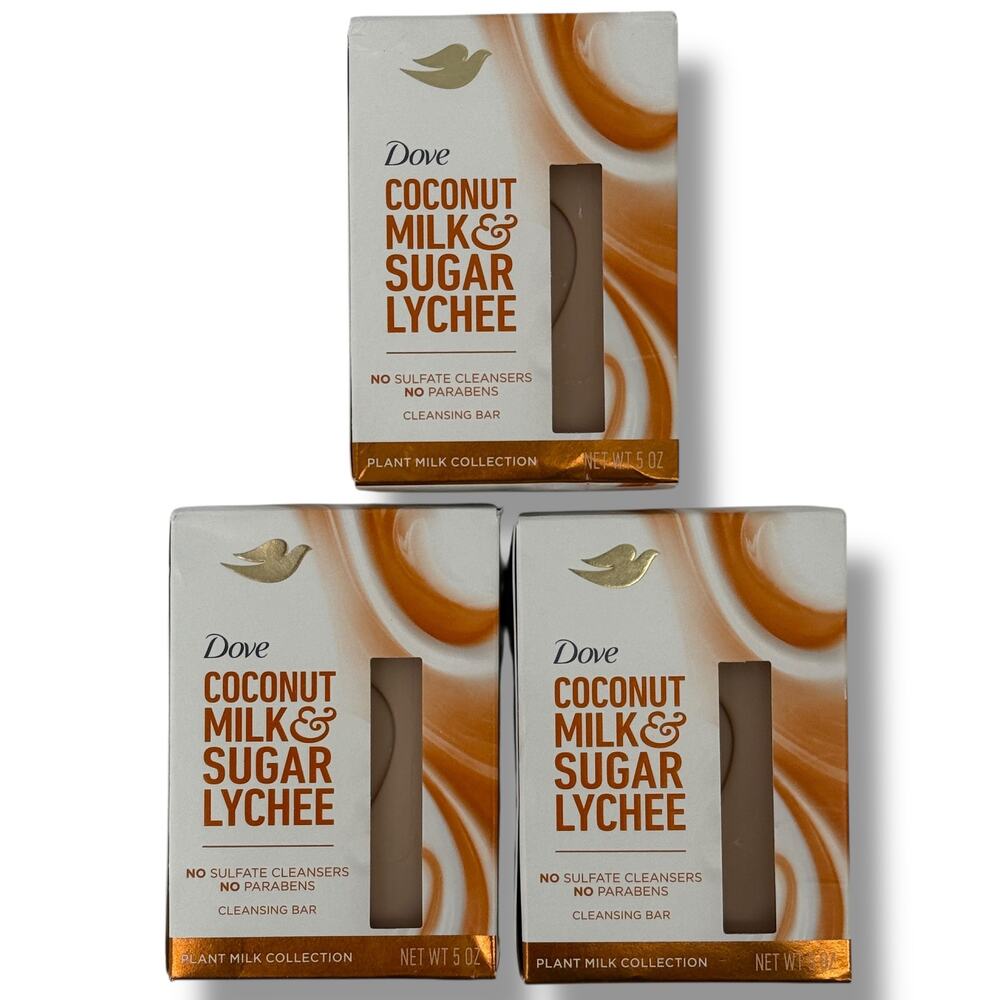 Dove Coconut Milk Sugar Lychee Cleansing Bar 5 oz Lot of 3 Peta Approved Soap